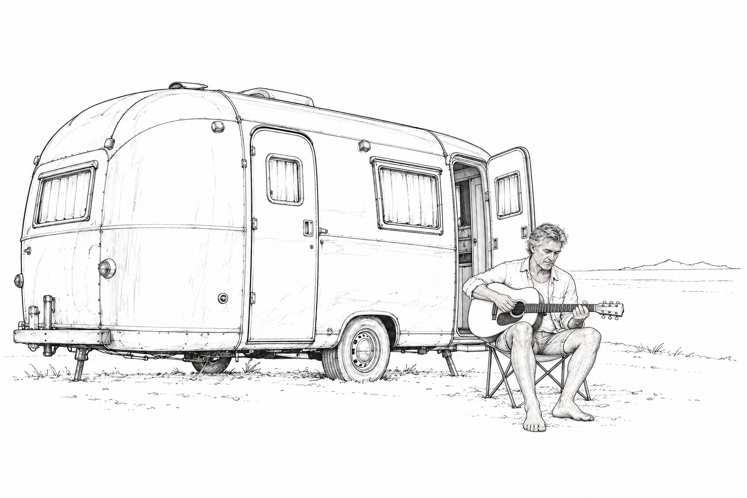 A light sketch of a silver caravan by the coast, with a man playing guitar beside the open door.