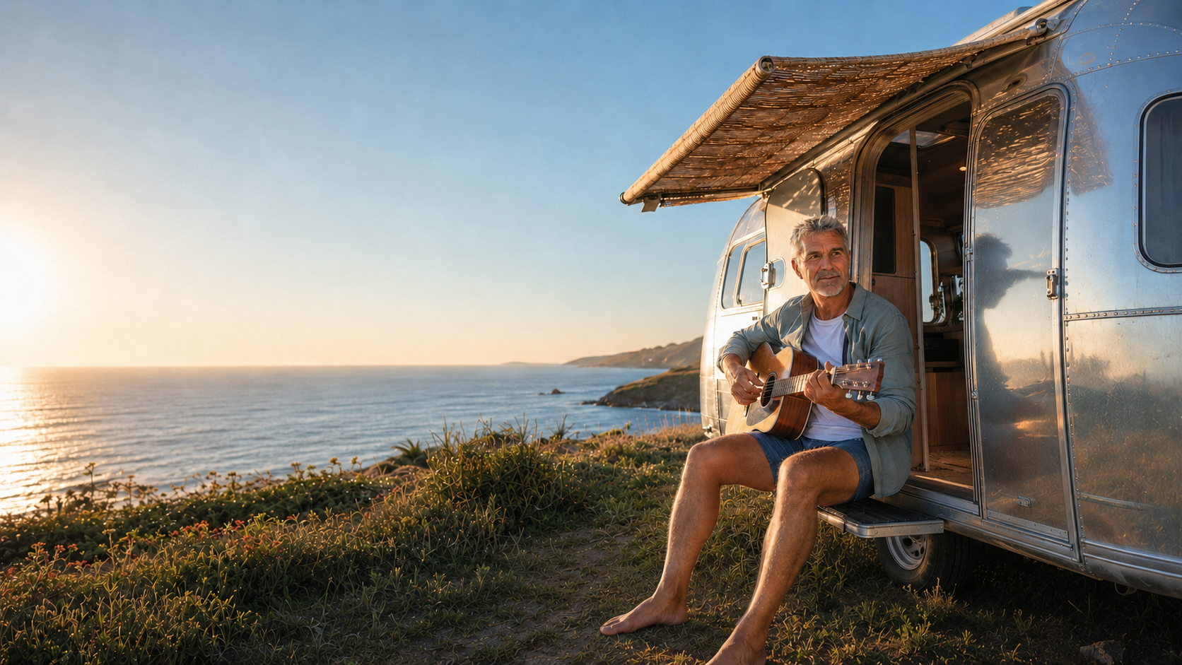 A man playing guitar outside a silver caravan overlooking the coast